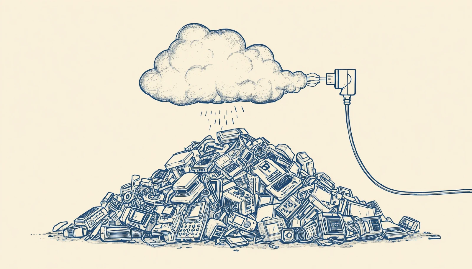 un montón creciente de aparatos viejos desechados (basura electrónica) junto a una nube que consume energía: el costo invisible de la tecnología