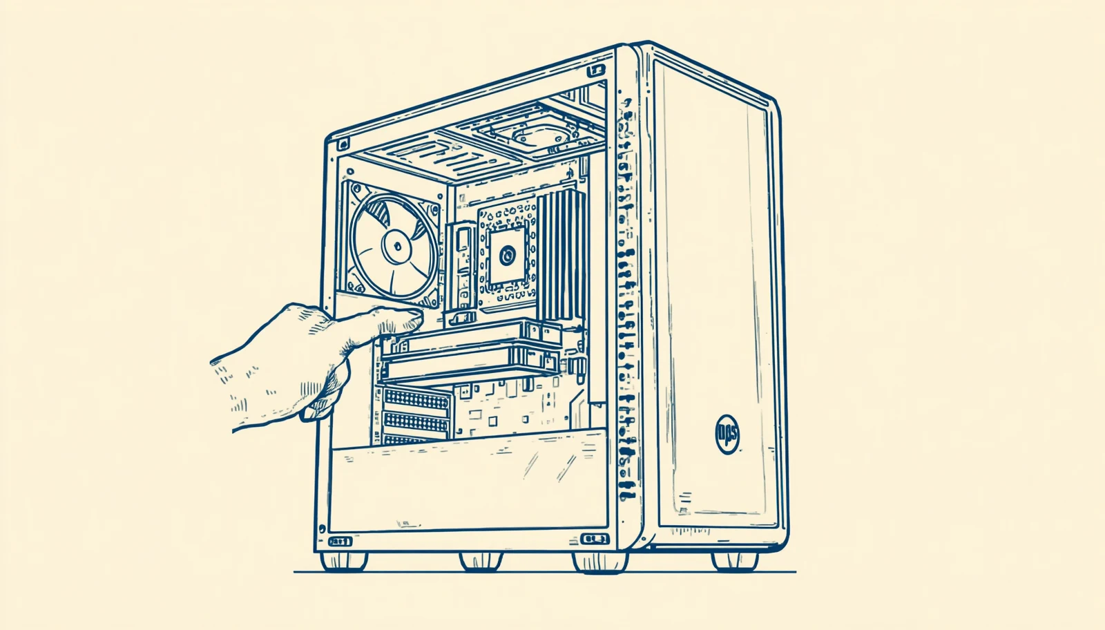 una torre de computadora abierta que muestra el flujo de cuatro pasos: entrada, procesamiento, almacenamiento y salida