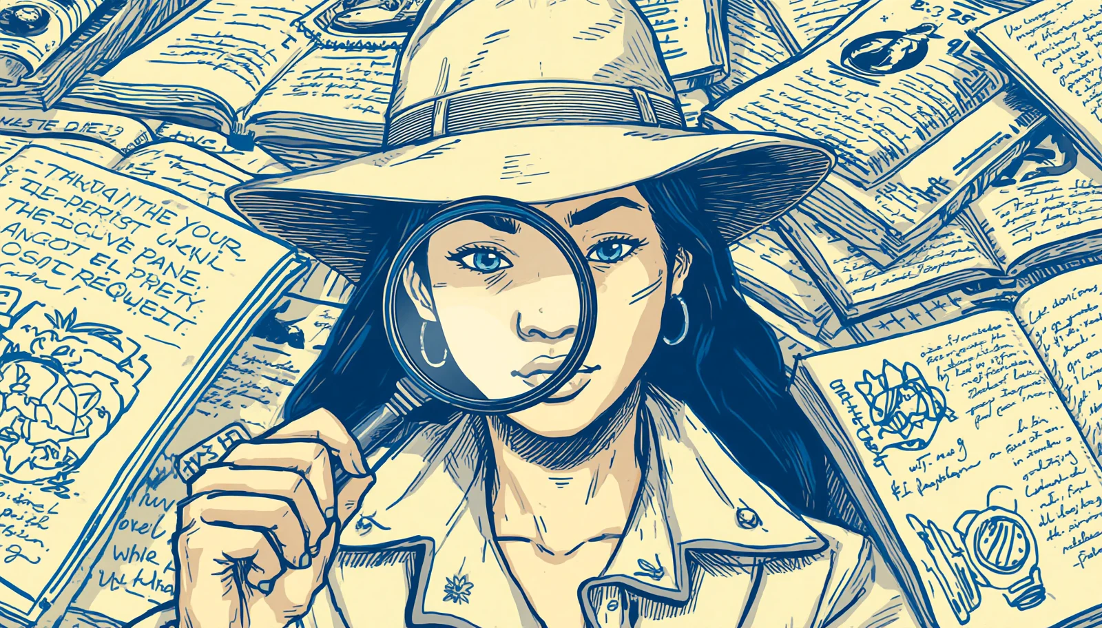 un joven detective con una lupa sobre un mar de páginas donde lo verdadero y lo falso se ven igual de bonitos
