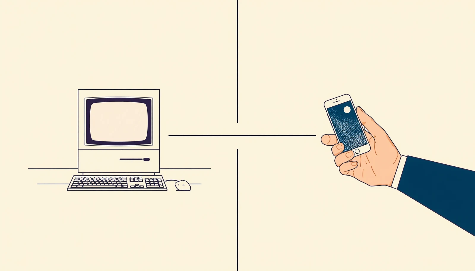 dos computadoras parientes lado a lado, una enorme de hace unos setenta años que llenaba un cuarto entero y un teléfono actual de bolsillo con mucha más memoria