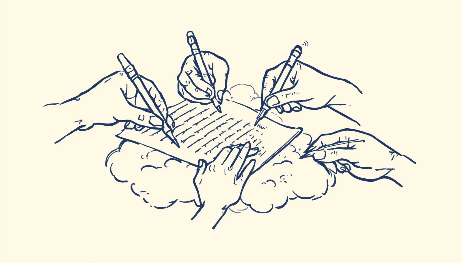 varias manos escribiendo al mismo tiempo en un mismo documento en la nube, con cursores de colores moviéndose en vivo