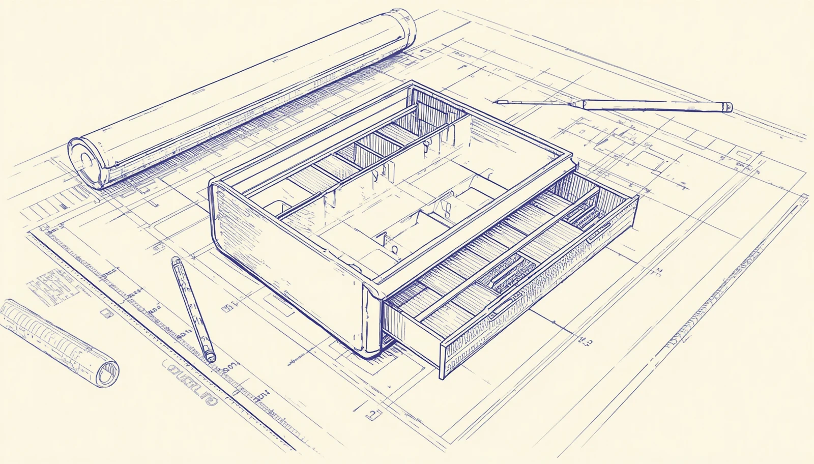 el plano de un archivero extendido sobre la mesa antes de construirlo: primero se dibuja la estructura y luego se levanta