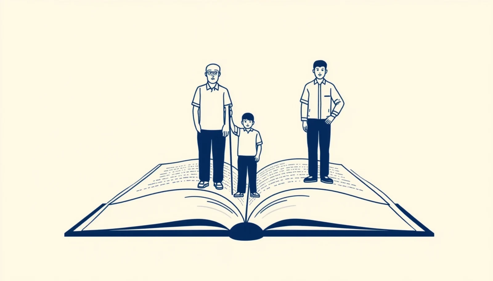 un libro abierto con tres autores de distintas generaciones —abuelo, padre e hijo— detras: una familia que escribio un libro