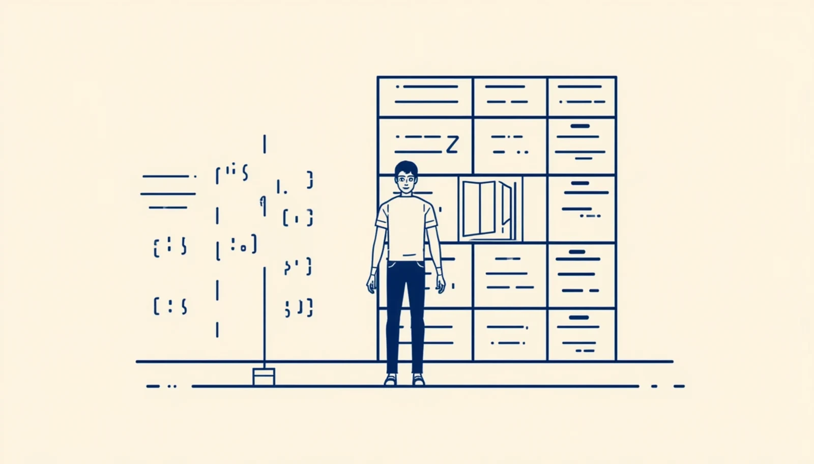 un estudiante desanimado frente a un muro de simbolos de codigo ilegibles — el pseudocodigo derriba esa barrera del idioma