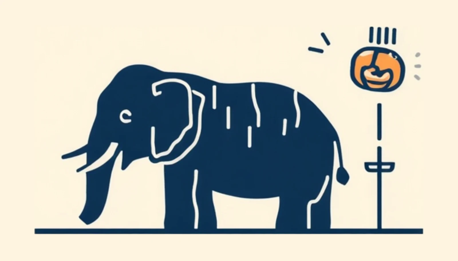 un elefante enorme junto a un plato y tenedor, dividido en porciones manejables — un problema gigante se come a mordidas