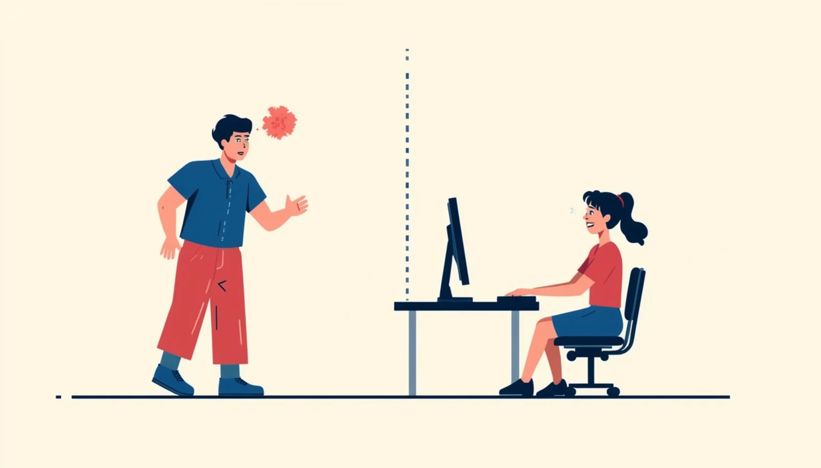 el mismo estudiante en dos momentos: nervioso frente a la computadora al inicio, y sentado con confianza y una sonrisa al final