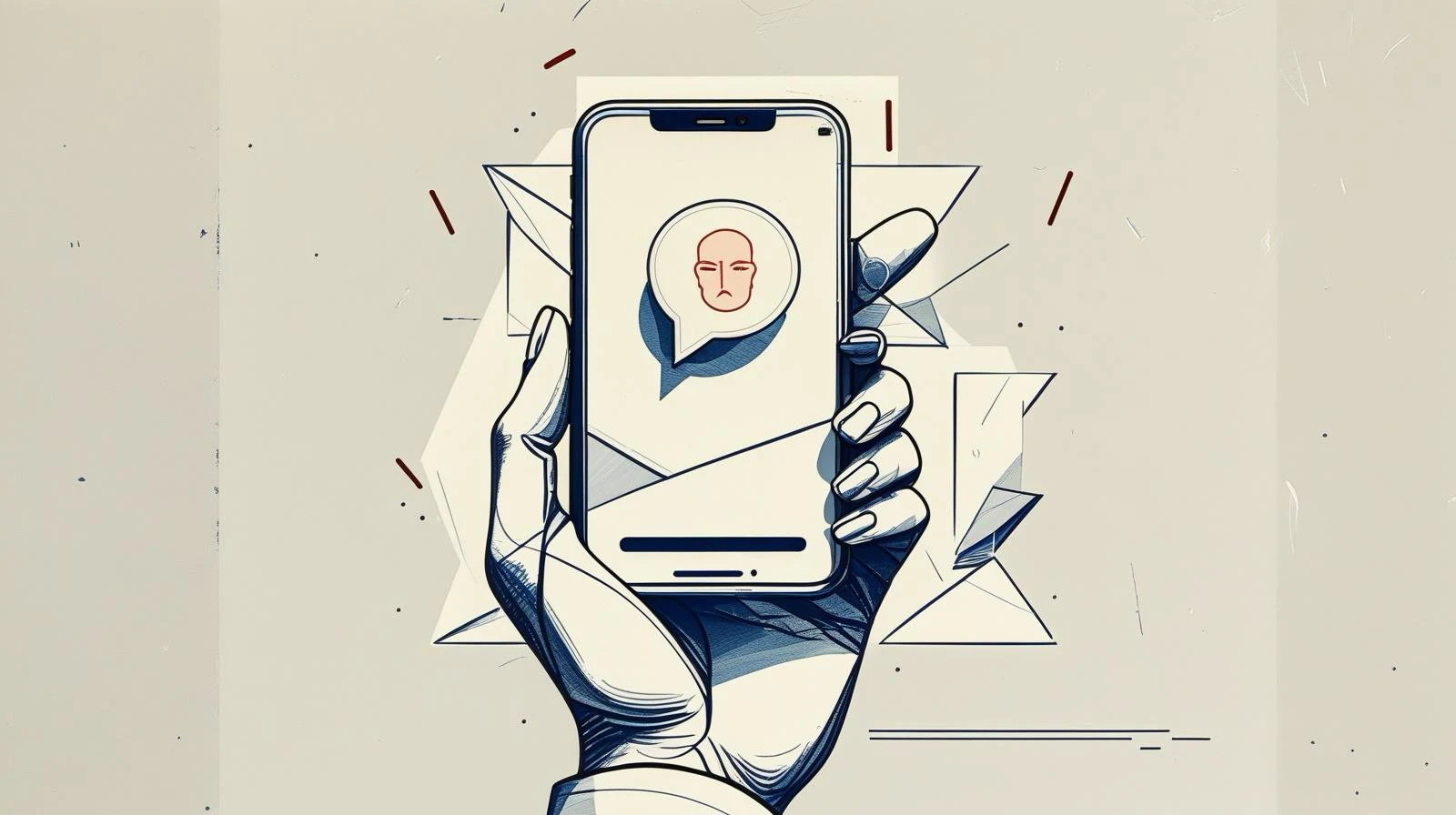 una mano sostiene un smartphone del que salen una burbuja de diálogo y un marco de reconocimiento facial: la IA ya vive en tu bolsillo