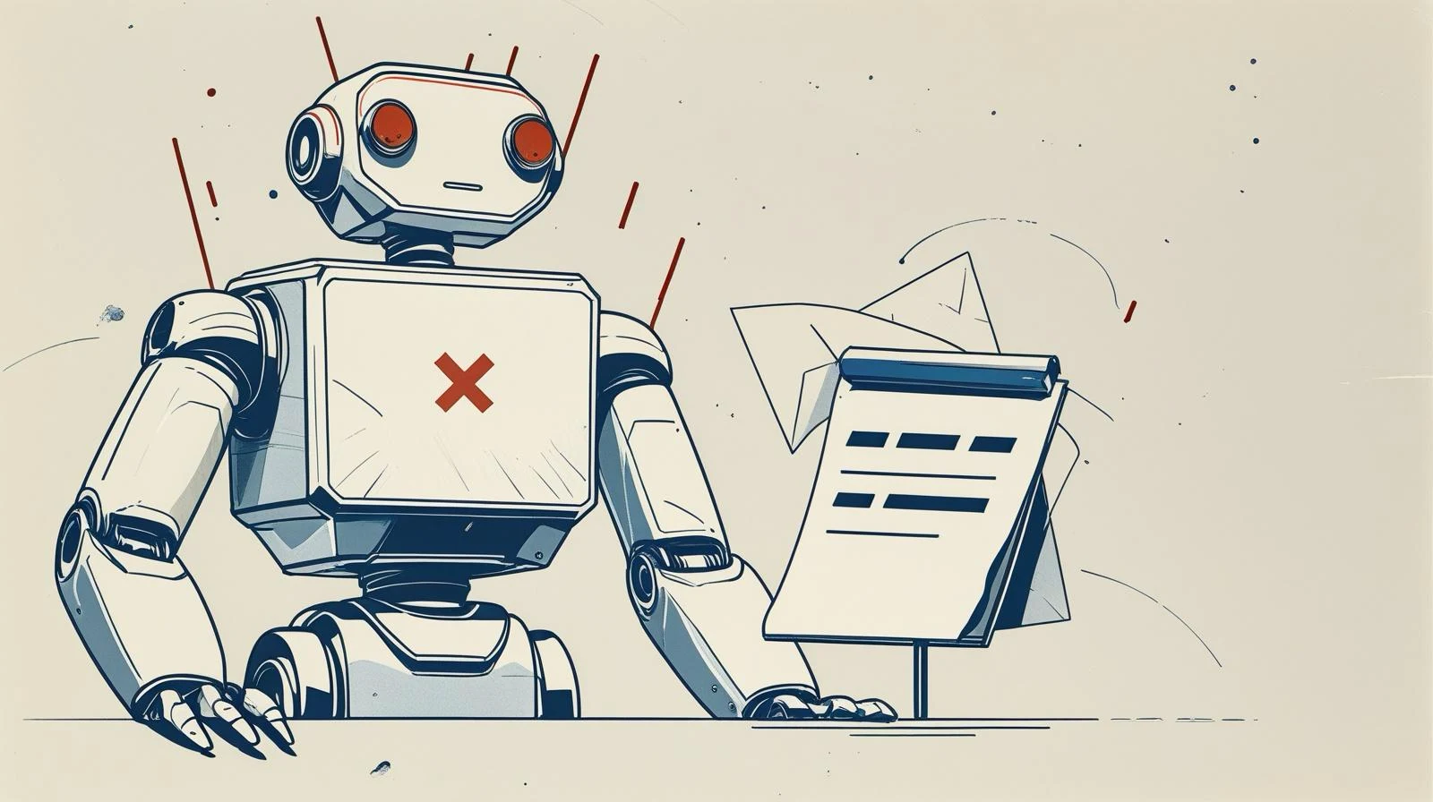 un robot de película tras una claqueta, marcado con una cruz guinda: la IA fuerte es ficción, no existe hoy