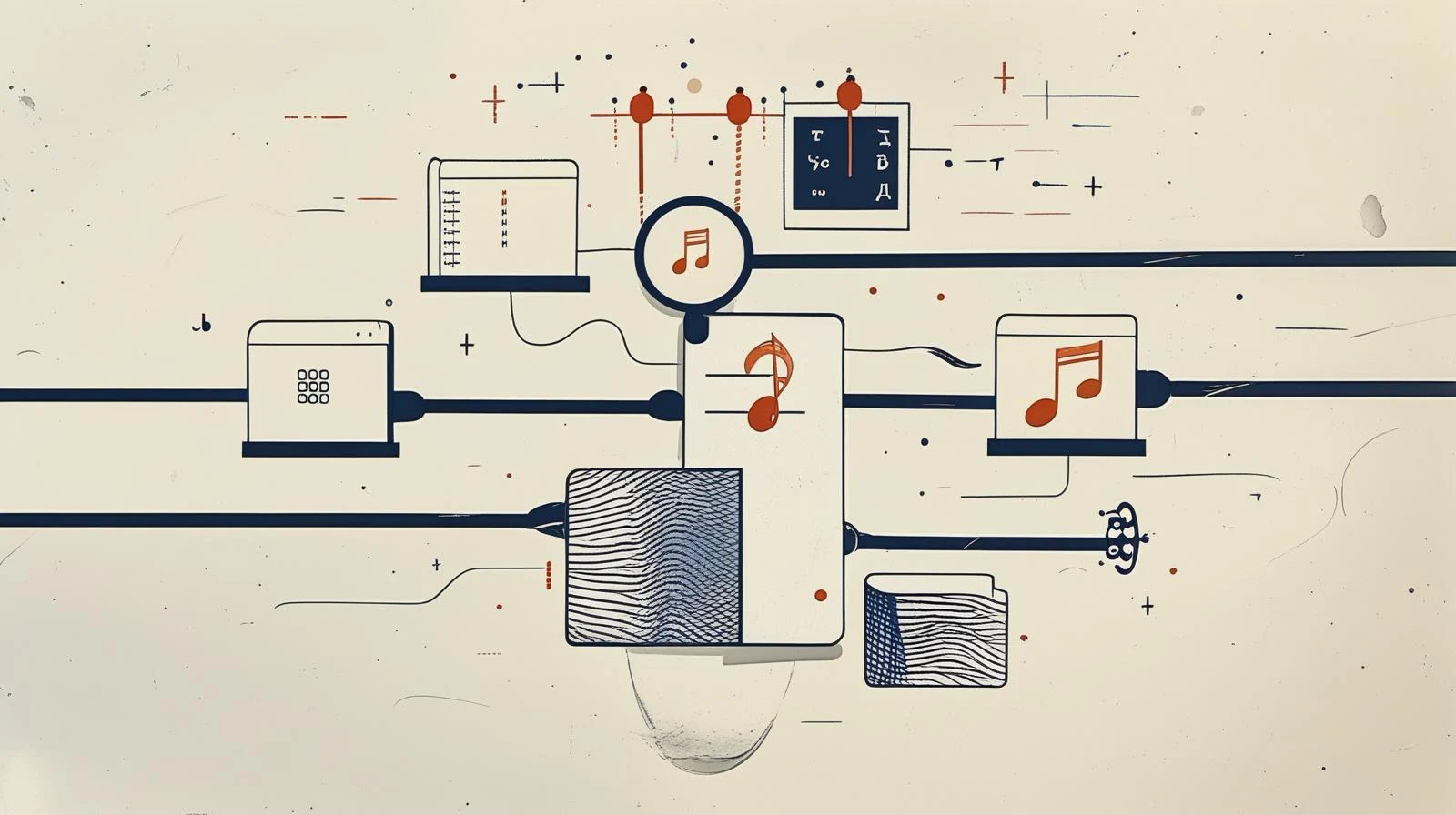desde un cursor se ramifican cuatro flujos —texto, imagen, música y código— la IA generativa que crea contenido