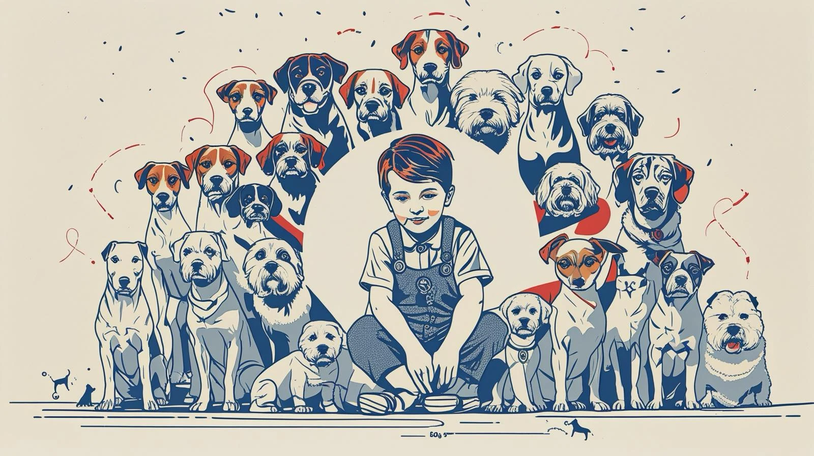 un niño rodeado de muchas razas de perro mientras se forma un solo patrón de ”perro”