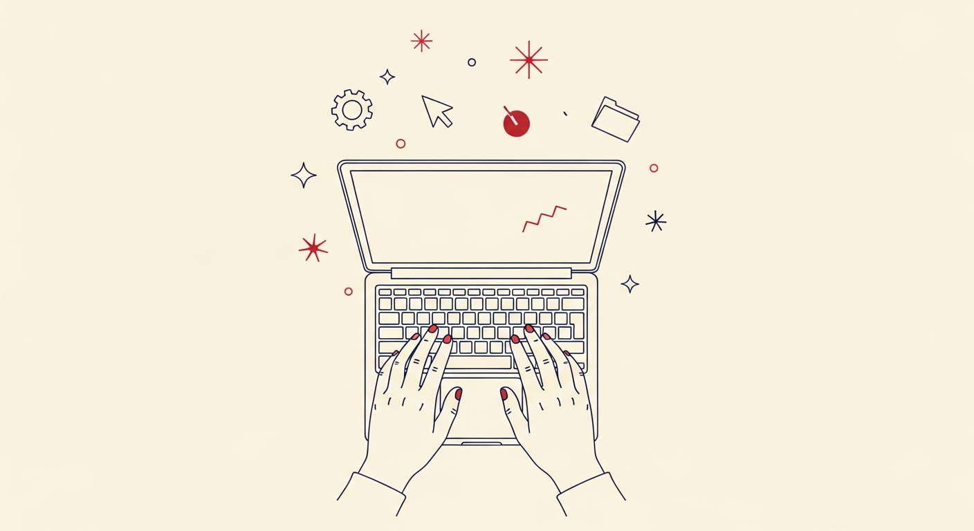 Ilustración: una mano usando una laptop con íconos digitales